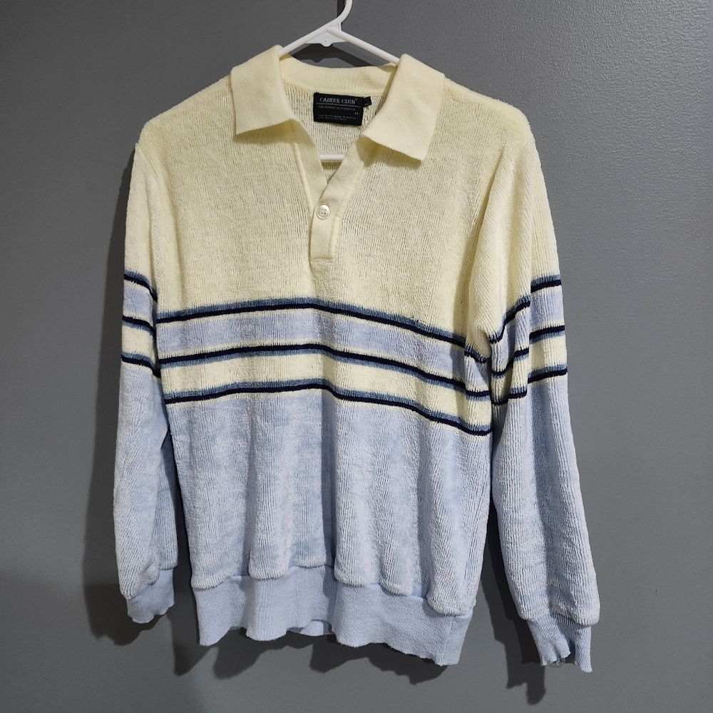 Career Club Vintage Men's Polo Sweater - Cream and Light Blue Stripes Size M